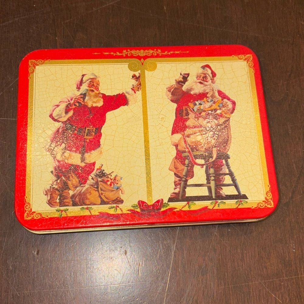 Vintage 1994 Coca-Cola Christmas Tin with two decks playing cards.